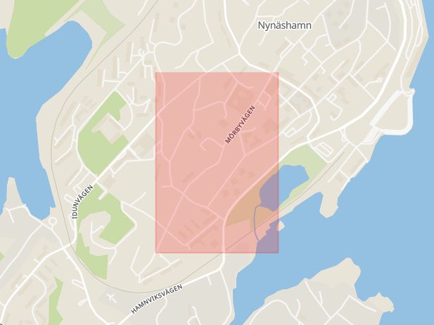 Karta som med röd fyrkant ramar in Mörbyvägen, Nynäshamn, Stockholms län