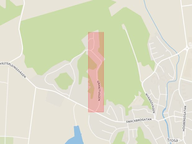 Karta som med röd fyrkant ramar in Trosa, Jönköpings Län, Bottnaryd, Granitvägen, Ekhagen, Smålandsstenar, Östergötland, Södermanlands län