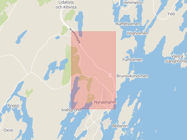 Karta som med röd fyrkant ramar in Nynäsvägen, Ösmo, Haninge, Farsta, Nynäshamn, Stockholms län