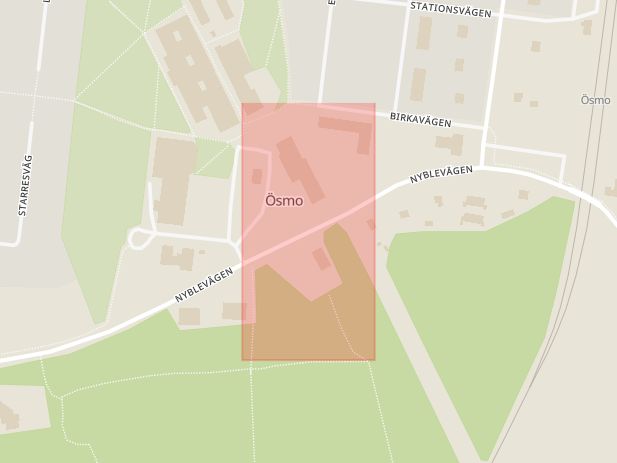 Karta som med röd fyrkant ramar in Ösmo, Ösmo Centrum, Nynäshamn, Stockholms län