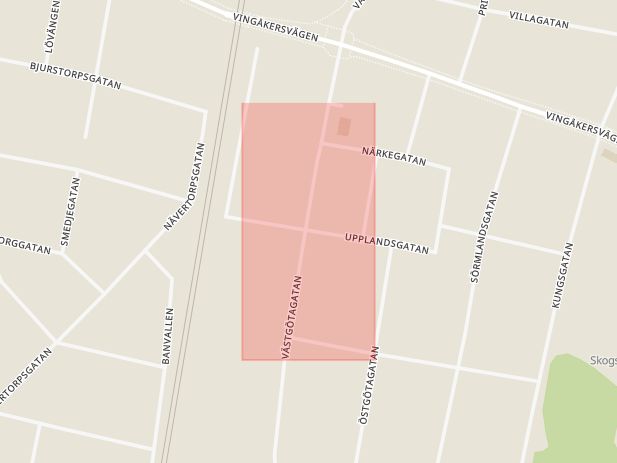 Karta som med röd fyrkant ramar in Upplandsgatan, Västgötagatan, Katrineholm, Södermanlands län