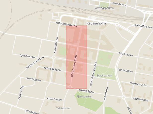 Karta som med röd fyrkant ramar in Drottninggatan, Katrineholm, Södermanlands län