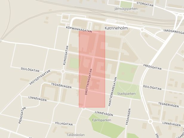 Karta som med röd fyrkant ramar in Drottninggatan, Katrineholm, Södermanlands län