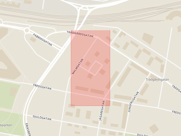 Karta som med röd fyrkant ramar in Sibeliusgatan, Katrineholm, Södermanlands län