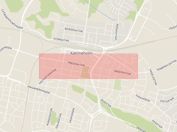 Karta som med röd fyrkant ramar in Fredsgatan, Katrineholm, Södermanlands län