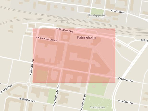 Karta som med röd fyrkant ramar in Södermanland, Köpmangatan, Katrineholm, Södermanlands län