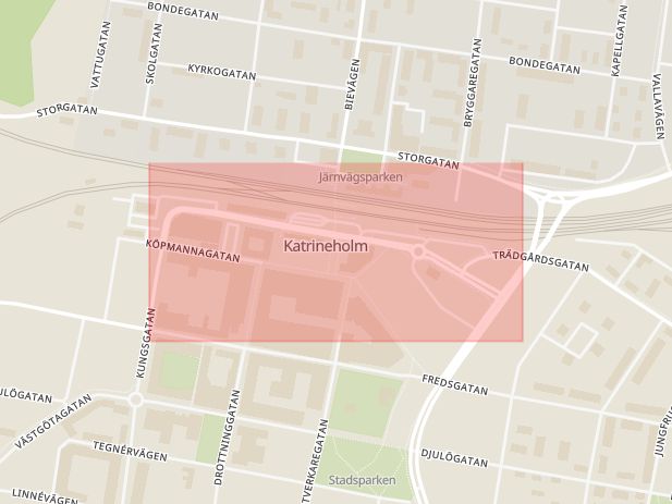 Karta som med röd fyrkant ramar in Fabriksgatan, Katrineholm, Södermanlands län