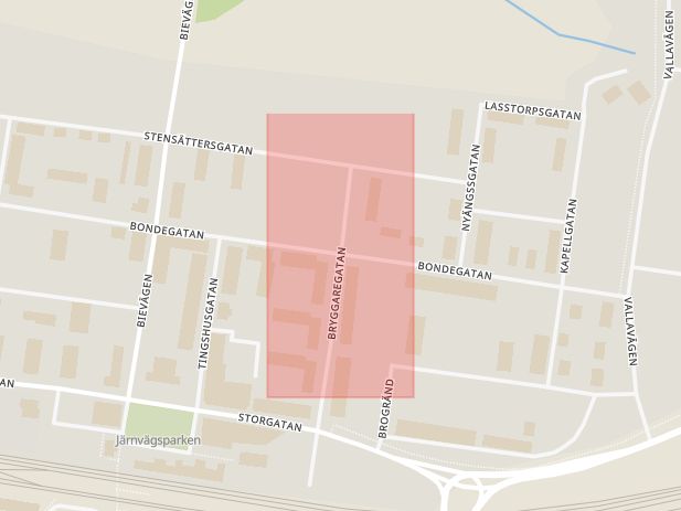 Karta som med röd fyrkant ramar in Bondegatan, Bryggaregatan, Katrineholm, Södermanlands län