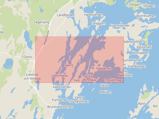 Karta som med röd fyrkant ramar in Muskövägen, Nynäshamn, Stockholms län