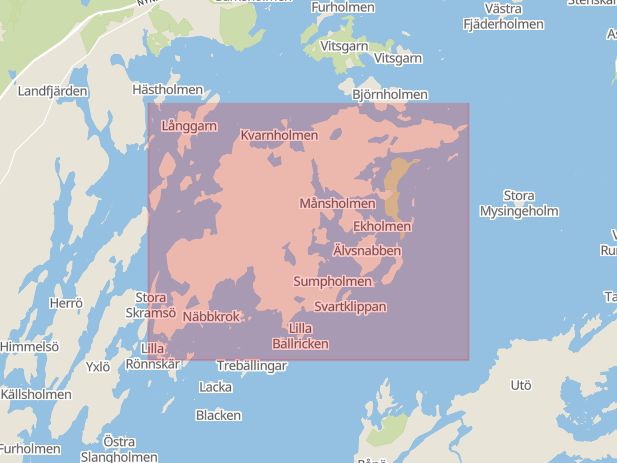 Karta som med röd fyrkant ramar in Muskö, Haninge, Stockholms län