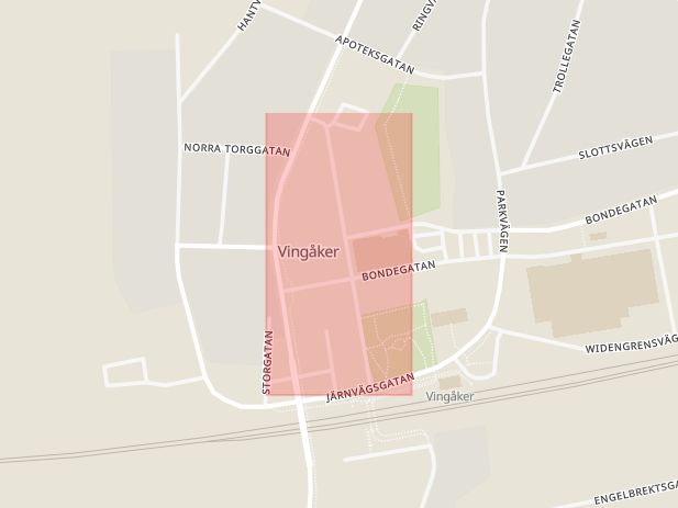 Karta som med röd fyrkant ramar in Köpmangatan, Vingåker, Södermanlands län