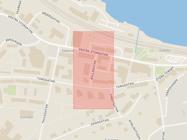 Karta som med röd fyrkant ramar in Kullagatan, Gnesta, Södermanlands län