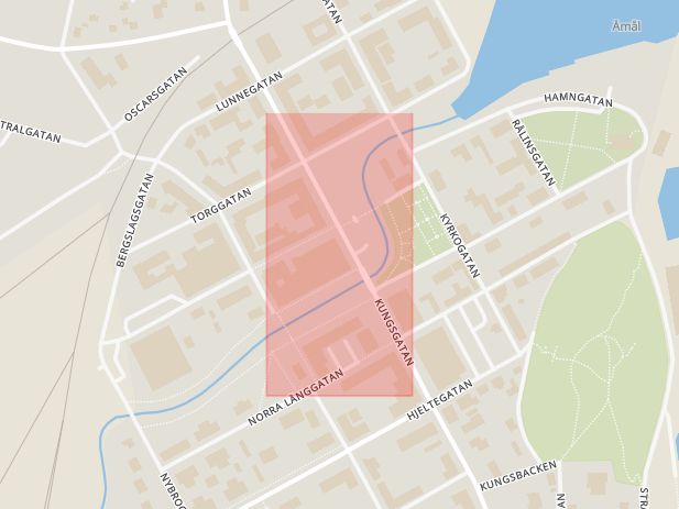 Karta som med röd fyrkant ramar in Kungsgatan, Kyrkogatan, Åmål, Västra Götalands län