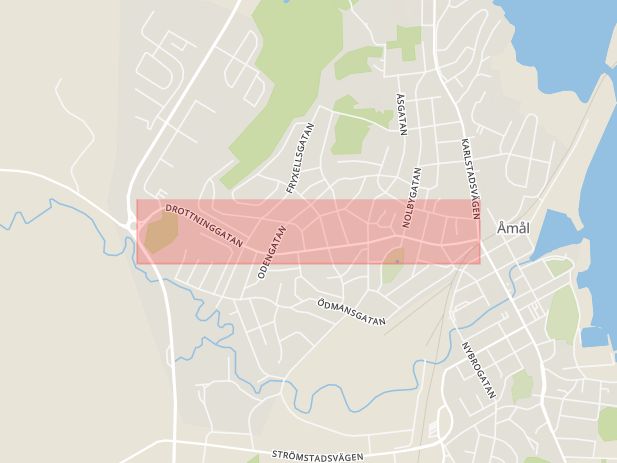 Karta som med röd fyrkant ramar in Drottninggatan, Åmål, Västra Götalands län