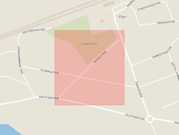 Karta som med röd fyrkant ramar in Vasagatan, Flen, Södermanlands län