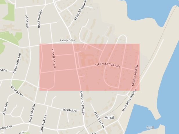 Karta som med röd fyrkant ramar in Steckseniigatan, Åmål, Västra Götalands län