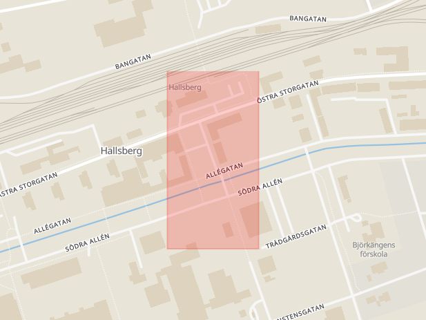 Karta som med röd fyrkant ramar in Stortorget, Hallsberg, Örebro län