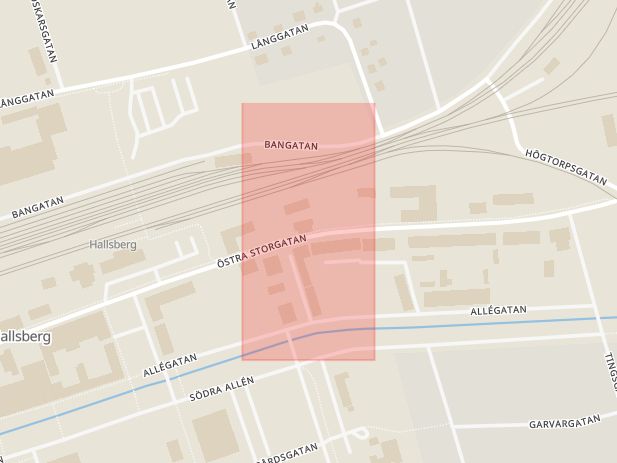 Karta som med röd fyrkant ramar in Östra Storgatan, Bergööska Huset, Hallsberg, Örebro län