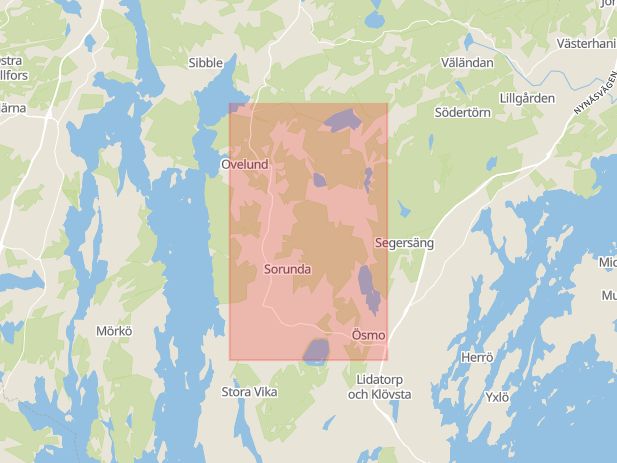 Karta som med röd fyrkant ramar in Södertäljevägen, Nynäshamn, Stockholms län