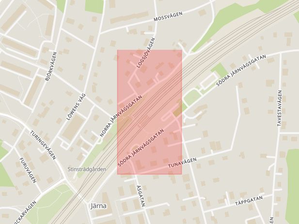 Karta som med röd fyrkant ramar in Järna, Trafikplats Järna, Södertälje, Stockholms län