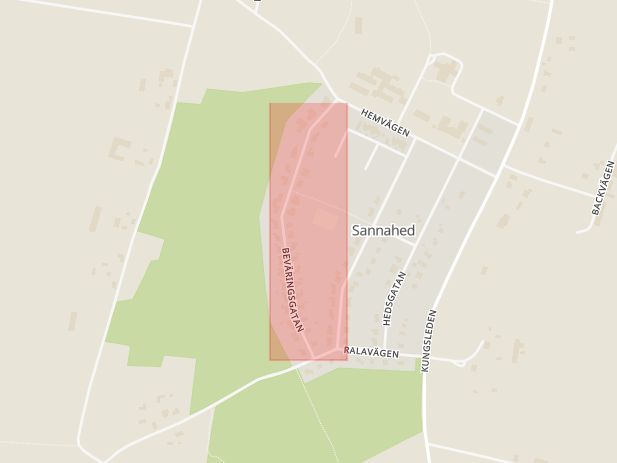 Karta som med röd fyrkant ramar in Beväringsgatan, Sannahed, Kumla, Örebro län