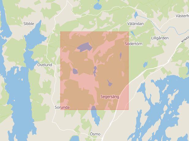 Karta som med röd fyrkant ramar in Sorundavägen, Tungelsta, Nynäshamn, Stockholms län