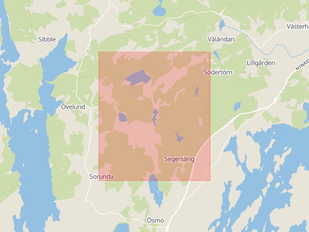 Karta som med röd fyrkant ramar in Sorundavägen, Nynäshamn, Stockholms län