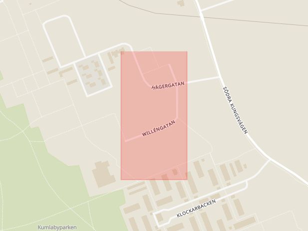 Karta som med röd fyrkant ramar in Willéngatan, Kumlaby, Kumla, Örebro län