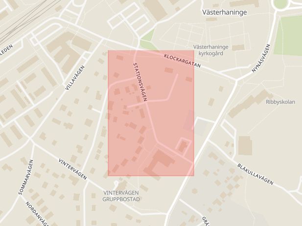 Karta som med röd fyrkant ramar in Västerhaninge, Stationsvägen, Huddinge, Stockholms län