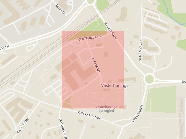 Karta som med röd fyrkant ramar in Kyrkvägen, Västerhaninge, Haninge, Stockholms län