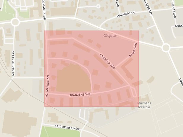 Karta som med röd fyrkant ramar in Andréns Väg, Kumla, Örebro län