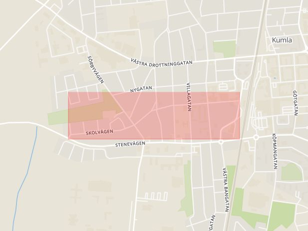 Karta som med röd fyrkant ramar in Skolvägen, Kumla, Örebro län