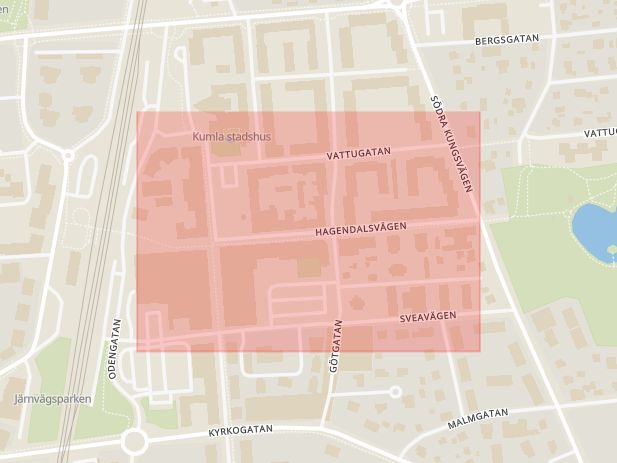 Karta som med röd fyrkant ramar in Hagendalsvägen, Kumla, Örebro län