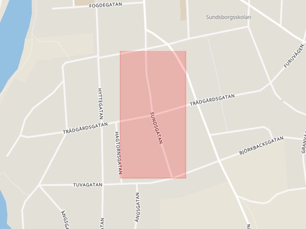 Karta som med röd fyrkant ramar in Trädgårdsgatan, Sundsgatan, Säffle, Värmlands län