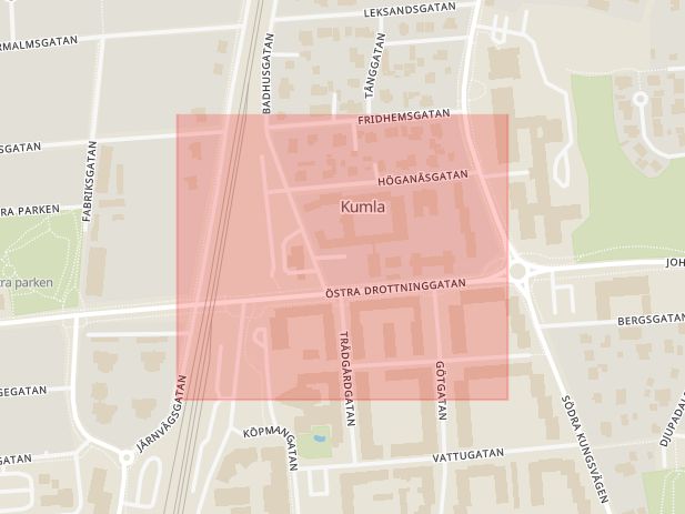 Karta som med röd fyrkant ramar in Östra Drottninggatan, Kumla, Örebro län