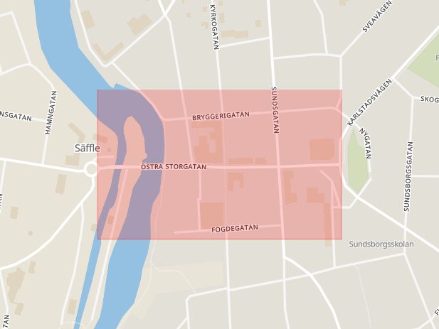 Karta som med röd fyrkant ramar in Storgatan, Säffle, Värmlands län
