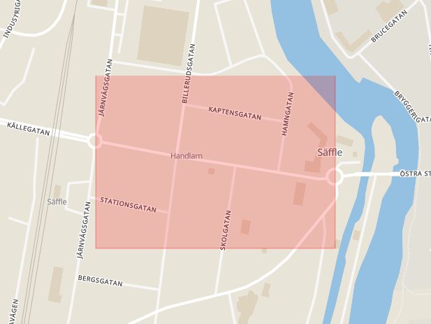 Karta som med röd fyrkant ramar in Västra Storgatan, Säffle, Värmlands län
