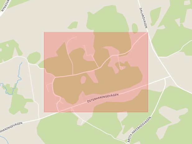 Karta som med röd fyrkant ramar in Haninge, Klockarlötsvägen, Huddinge, Stockholms län