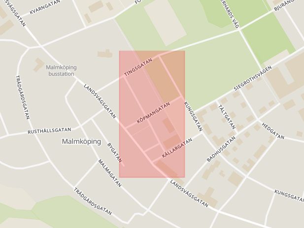 Karta som med röd fyrkant ramar in Malmköping, Köpmangatan, Södermanlands län