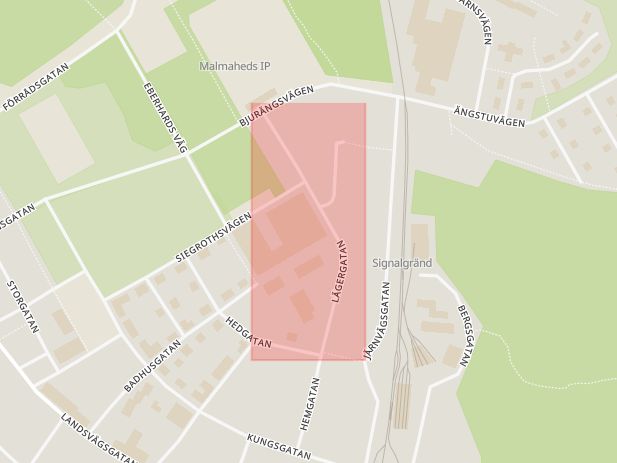 Karta som med röd fyrkant ramar in Malmköping, Lägergatan, Flen, Södermanlands län