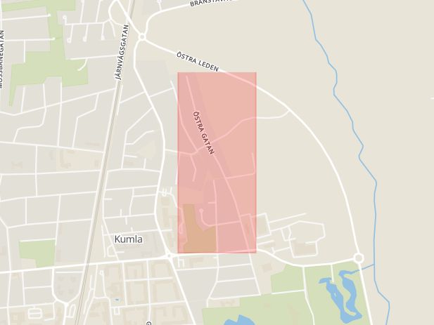 Karta som med röd fyrkant ramar in Östra Gatan, Kumla, Örebro län
