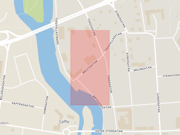 Karta som med röd fyrkant ramar in Brucegatan, Säffle, Värmlands län