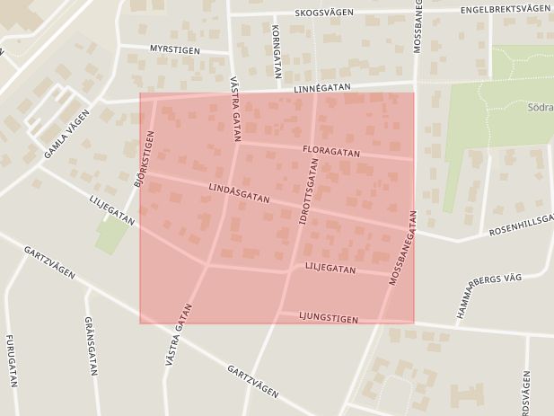 Karta som med röd fyrkant ramar in Lindåsgatan, Kumla, Örebro län