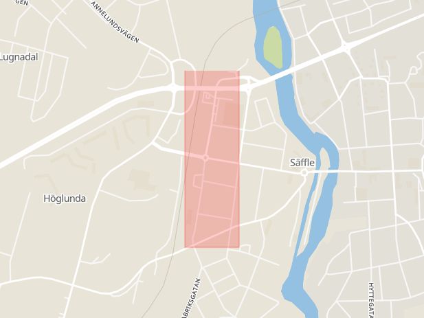 Karta som med röd fyrkant ramar in Järnvägsgatan, Säffle, Värmlands län