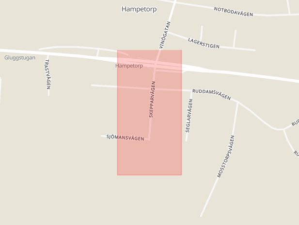 Karta som med röd fyrkant ramar in Skepparvägen, Hampetorp, Örebro, Örebro län