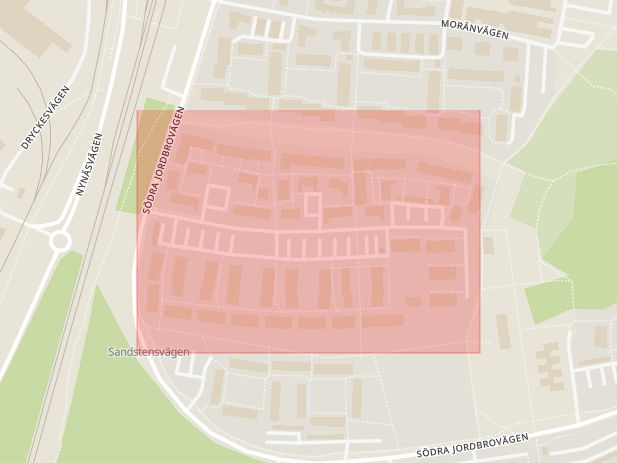 Karta som med röd fyrkant ramar in Jordbro, Sandstensvägen, Haninge, Stockholms län