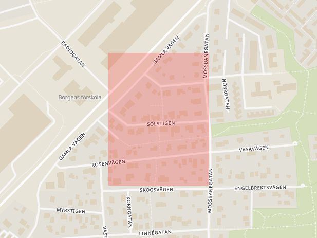 Karta som med röd fyrkant ramar in Solgatan, Hagaby, Örebro, Örebro län