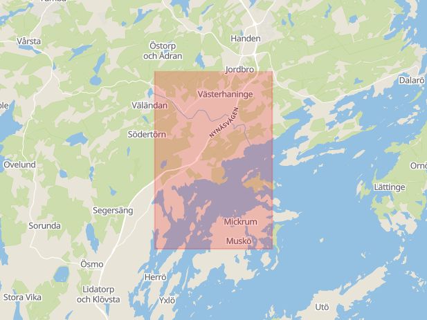 Karta som med röd fyrkant ramar in Västerhaninge, Nynäshamn, Haninge, Stockholms län