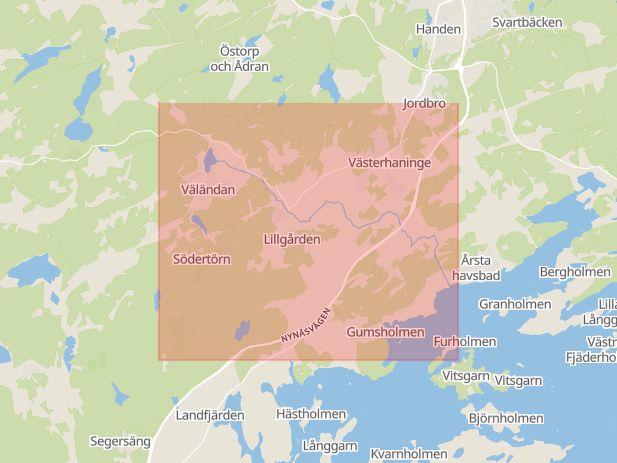 Karta som med röd fyrkant ramar in Tungelsta, Haninge, Stockholms län