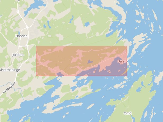Karta som med röd fyrkant ramar in Dalarövägen, Haninge, Stockholms län